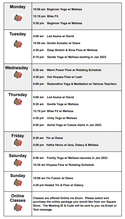 Bliss Schedule – Southern Bliss Yoga Health & Wellness